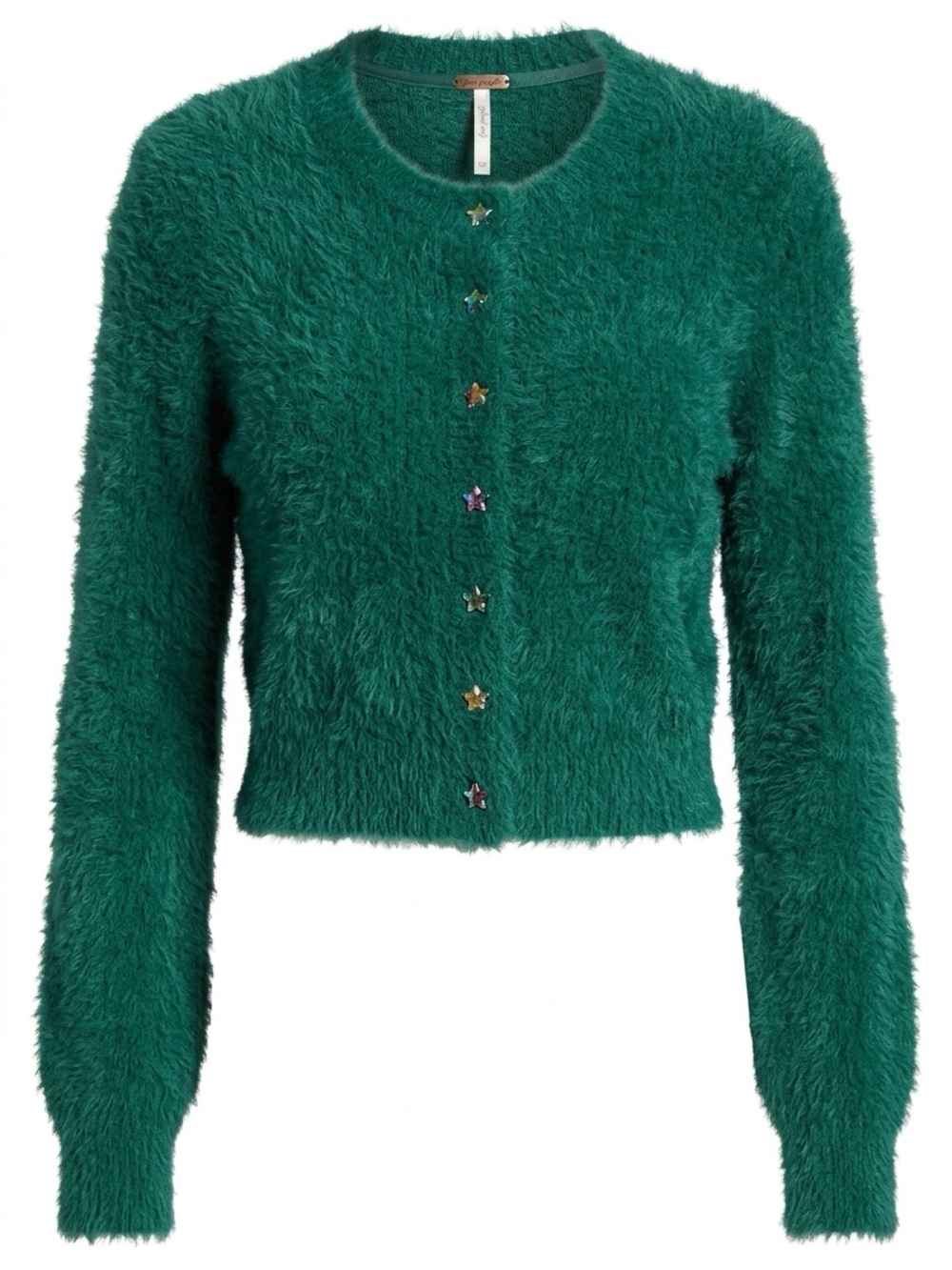Free People Fuzzy Star-Button Teddy Cardigan in Emerald
